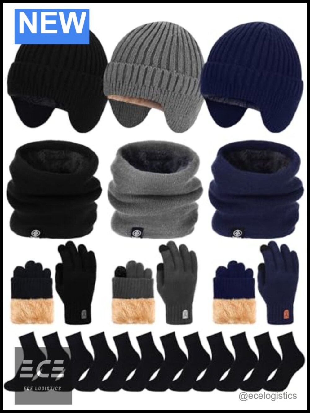 Winter Beanie Visor Hat Neck Warmer Scarf Touchscreen Gloves Sock Set Men Women